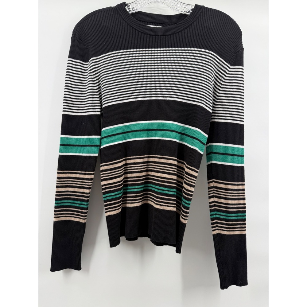 Nine West Womens Large Ribbed Striped Crew Neck Sweater Black Green Tan Preppy